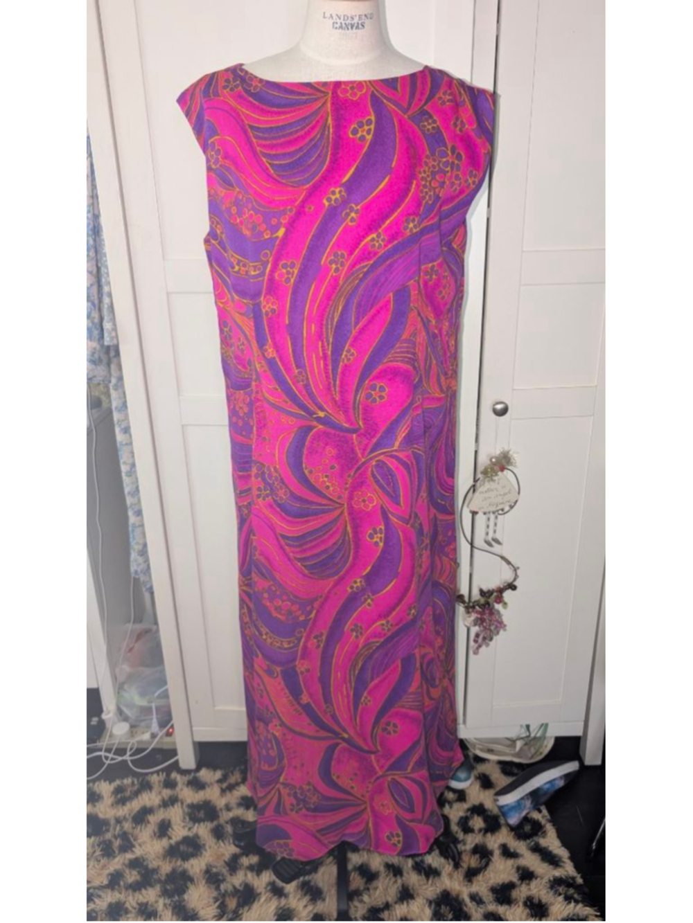 Vintage 60s dayglo Hawaiian bark cloth Maxi Dress L